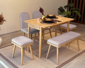 Arvo 2 sandalye 2 Tabure 1 Bench Mutfak Masa Takımı Meşe-Gri - 2