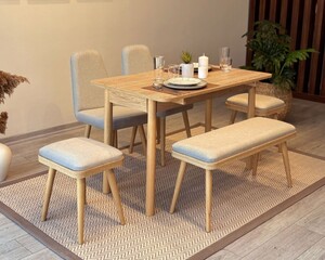 Arvo 2 sandalye 2 Tabure 1 Bench Mutfak Masa Takımı Meşe-Krem - 2