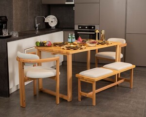 Cheri 2 Sandalye 1 Bench Yemek Masası Takımı 140x80