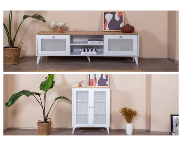  - Hazeran Beyaz Kapak Detaylı 180 cm Tv Ünitesi + Büfe
