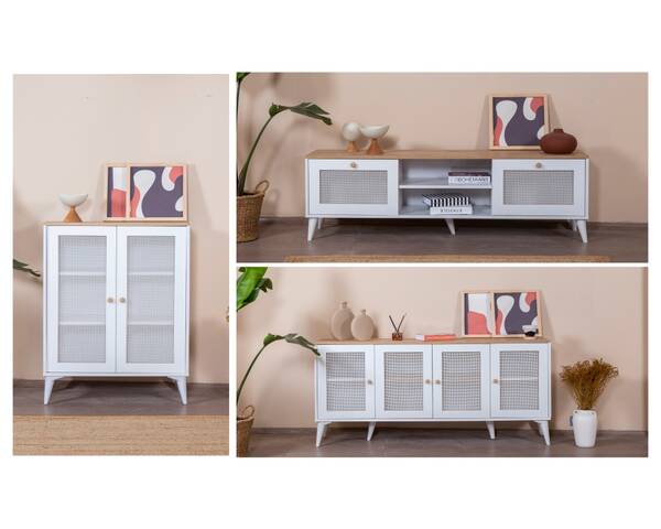  - Hazeran Beyaz Kapak Detaylı 180 cm Tv Ünitesi + Büfe + Konsol