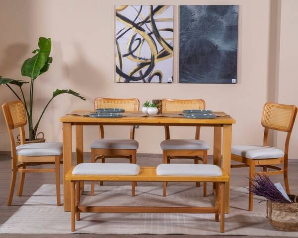  - Masif Hazeran Masa Takımı 4 Sandalye 1 Bench 1 Masif Masa (80x160)