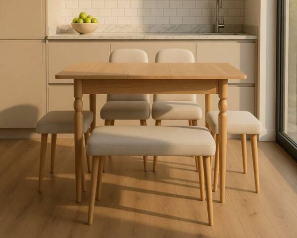 Avokado - Minimal Masa Takımı 2 Sandalye 2 Tabure 1 Bench 1 Masa (70x110 açılınca 140 cm)
