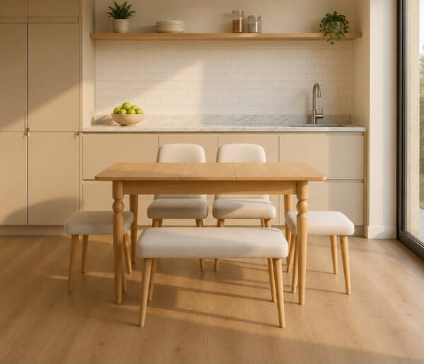 Avokado - Mini Minimal Masa Takımı 2 Sandalye 2 Tabure 1 Bench 1 Masa (70x110 açılınca 140 cm)
